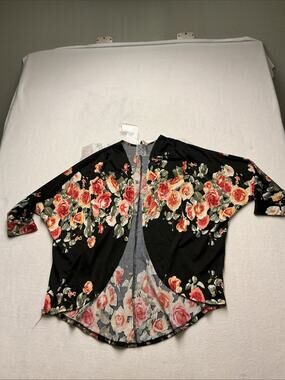 Mauve Floral Cardigan Women Size L, Black Rose Print Open Front 3/4 Sleeve, 4401